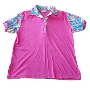 VTG 80s Peter Popovitch Pink Polo Shirt Floral Collar Sleeve Colorblock Womens L